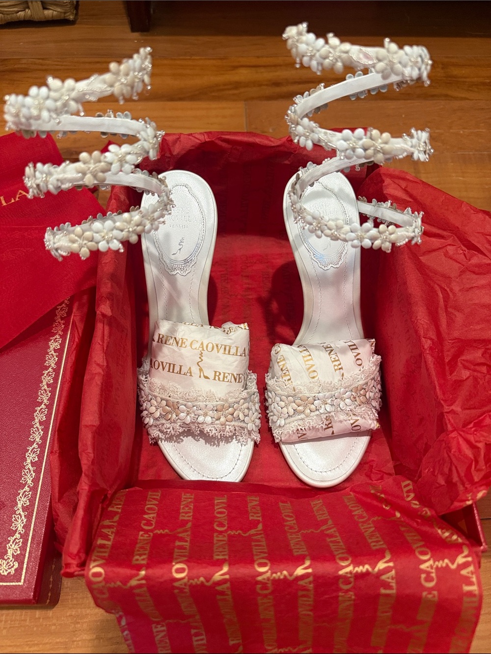Rene Caovilla White Bloom Spiral-Ankle Stiletto Sandals new in box 37